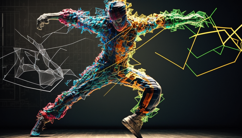 Dansavatar som dansar, tekniska neonljus som ska representera data cirkulerar kring armar och menen 