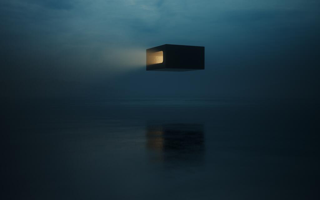 Box in the water, floting. At night. Foggy waters. 